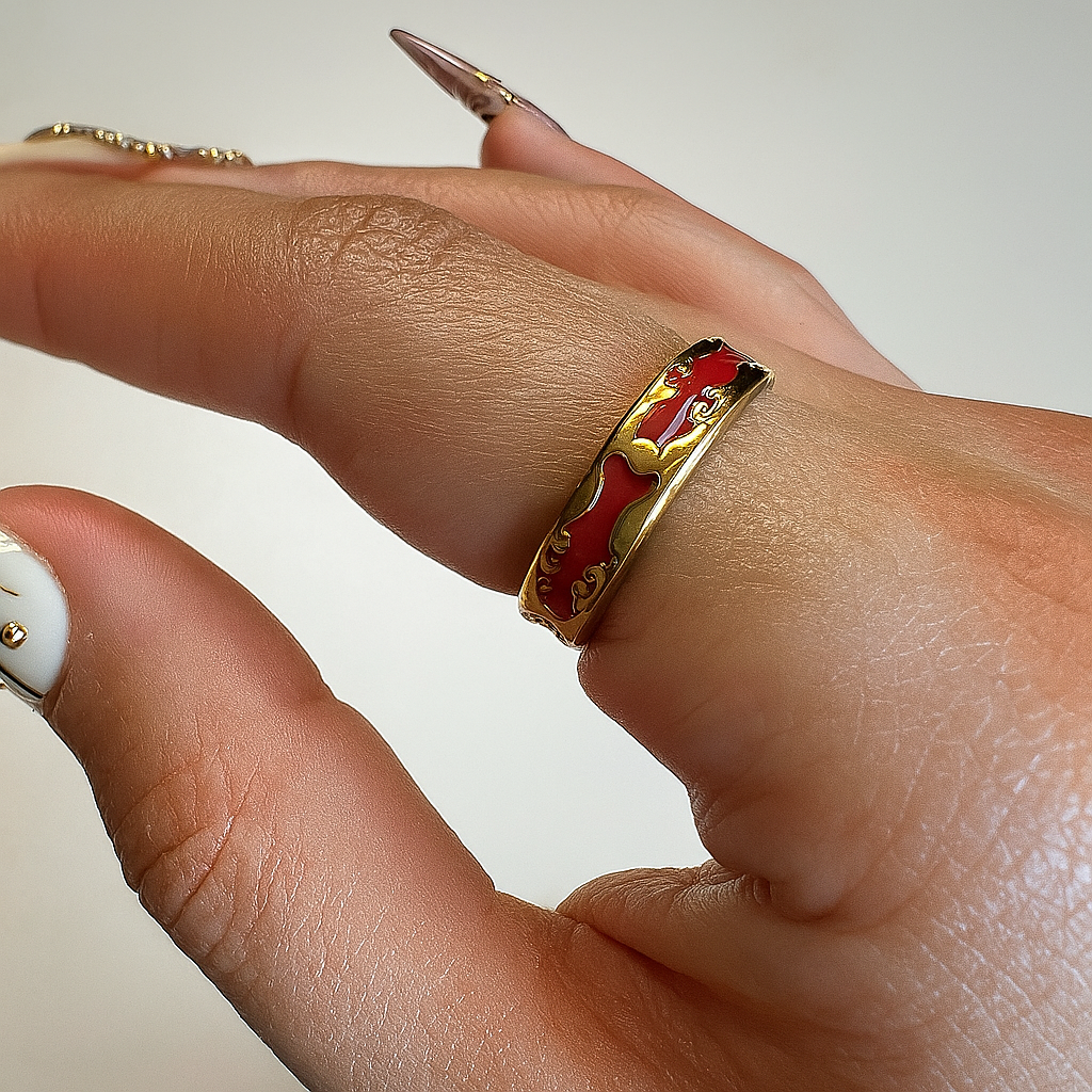 Ring, jewelry, stainless steel, gold, gold plated, hypoallergenic, red ornaments