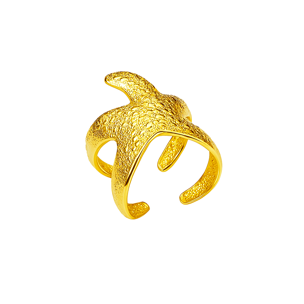 Ring, jewelry, stainless steel, gold, gold plated, hypoallergenic, starfish, opened, adjustable