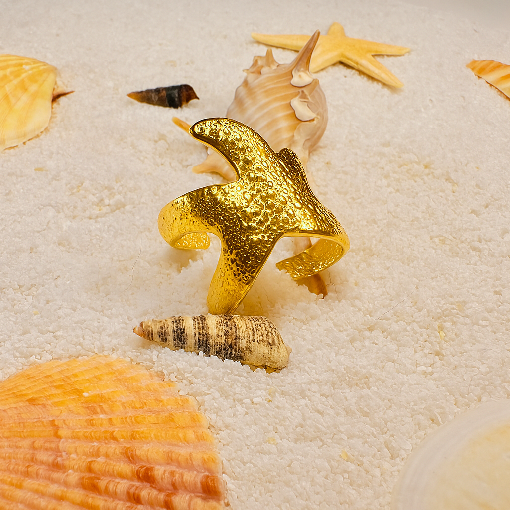 Ring, jewelry, stainless steel, gold, gold plated, hypoallergenic, starfish, opened, adjustable