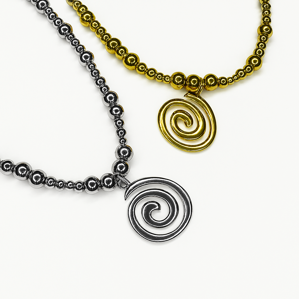 Necklace, jewelry,silver, gold, gold plated, spiral, pendant, original chain, stainless steel, hypoallergenic