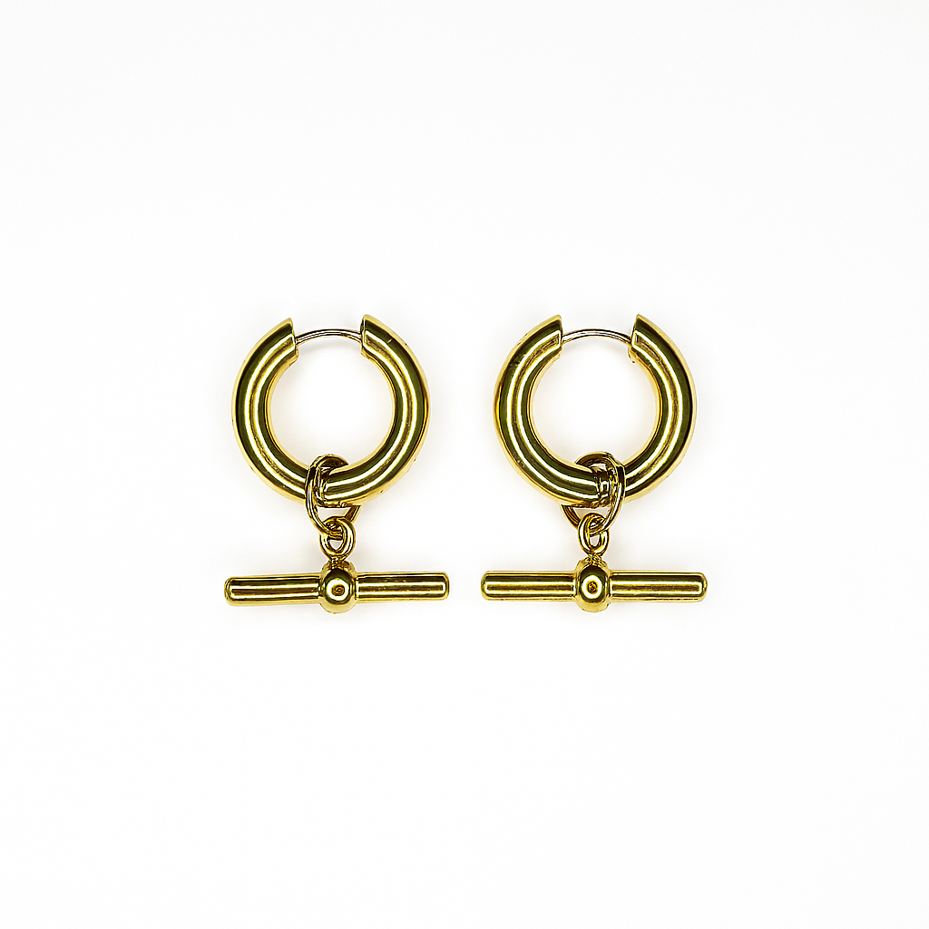 Earrings, gold, gold plated, clicker earrings, jewelry, pendant, horizontal pendant