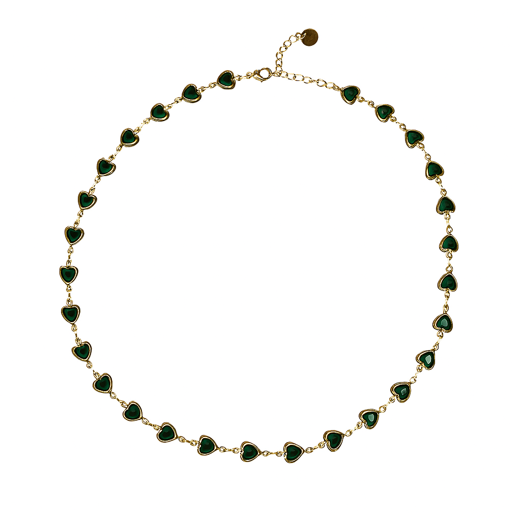 Necklace, chain, heart, heart chain, stones, green, green stones , chocker, stainless steel, hypoallergenic, jewelry