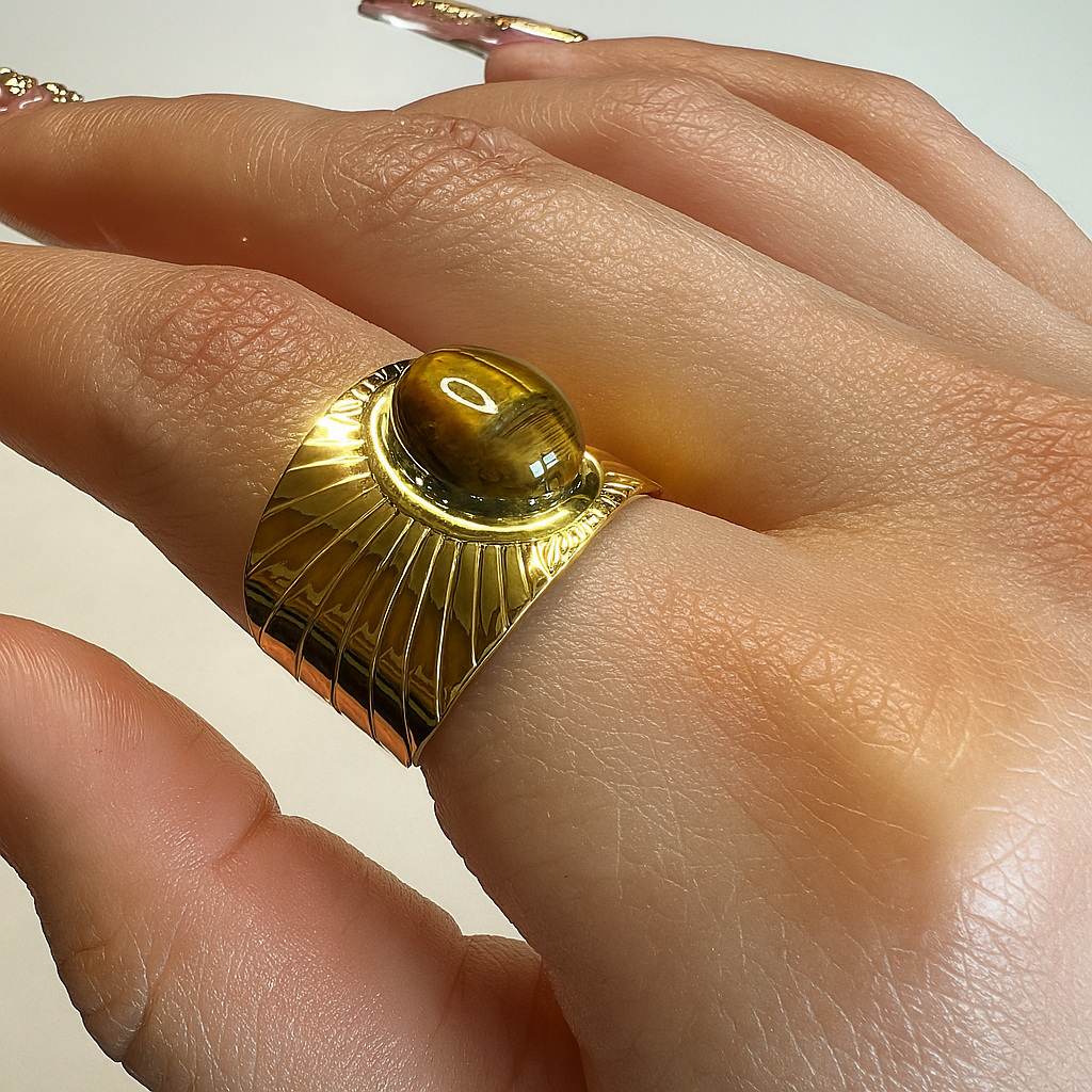 Ring, jewelry, stainless steel, gold, gold plated, hypoallergenic, tiger eye