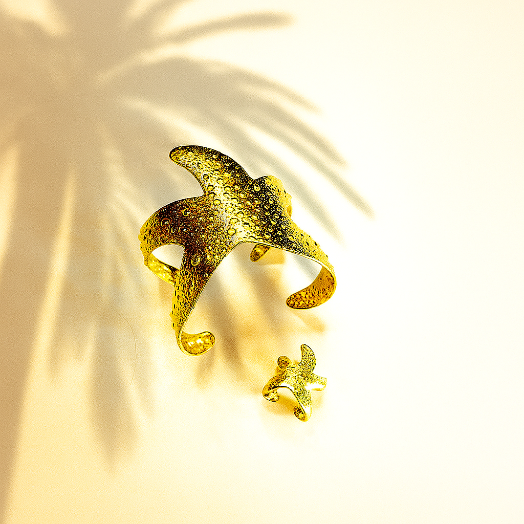 Bracelet, ring, jewelry, cuff, bracelet cuff, gold, gold plated, stainless steel, starfish, hypoallergenic