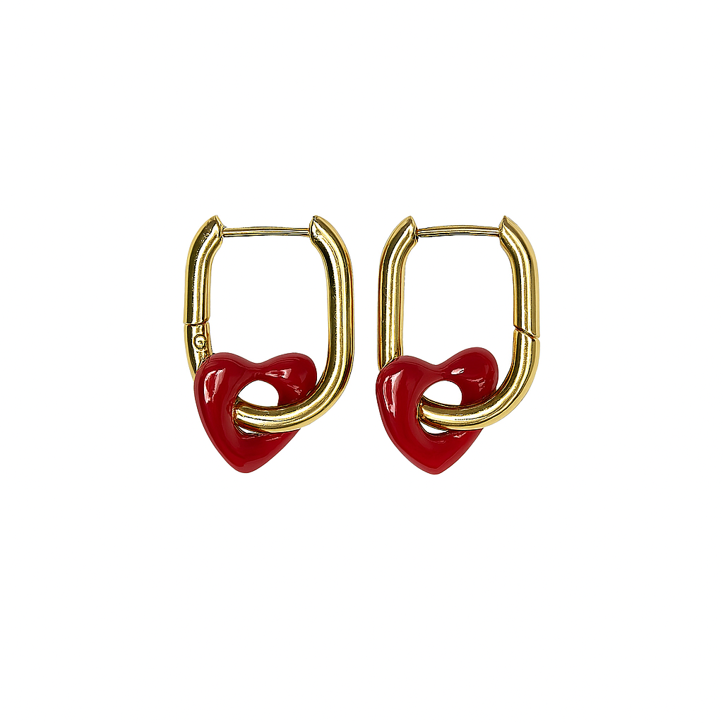 Earrings, click, heart, heart shaped, red heart, rectangular form, gold plated, gold, hypoallergenic