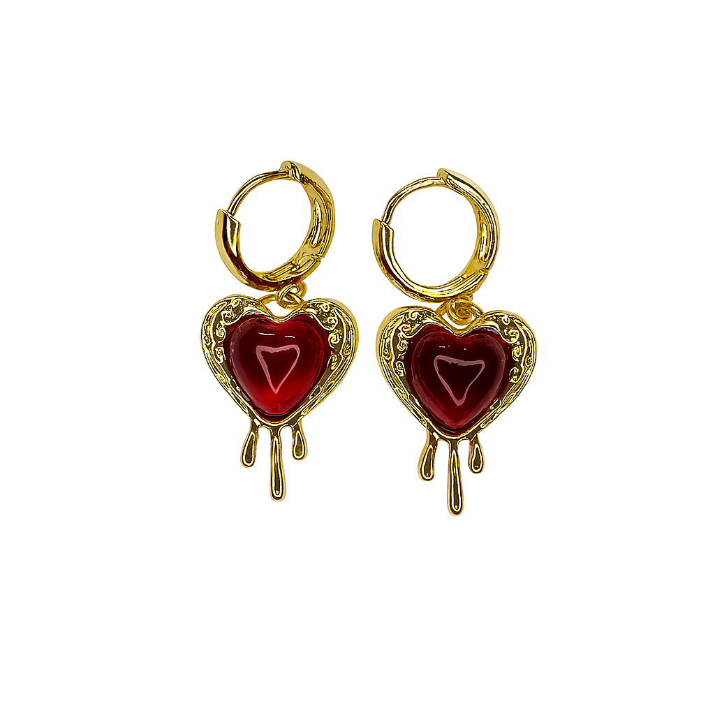 Earrings, heart shaped, red heart, gold plated, gold, stainless steel, hypoallergenic