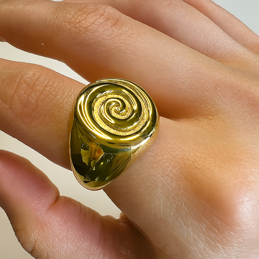 Ring, jewelry, stainless steel, gold, gold plated, hypoallergenic, spiral, signet
