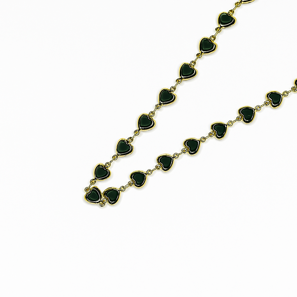 Necklace, chain, heart, heart chain, stones, green, green stones , chocker, stainless steel, hypoallergenic, jewelry