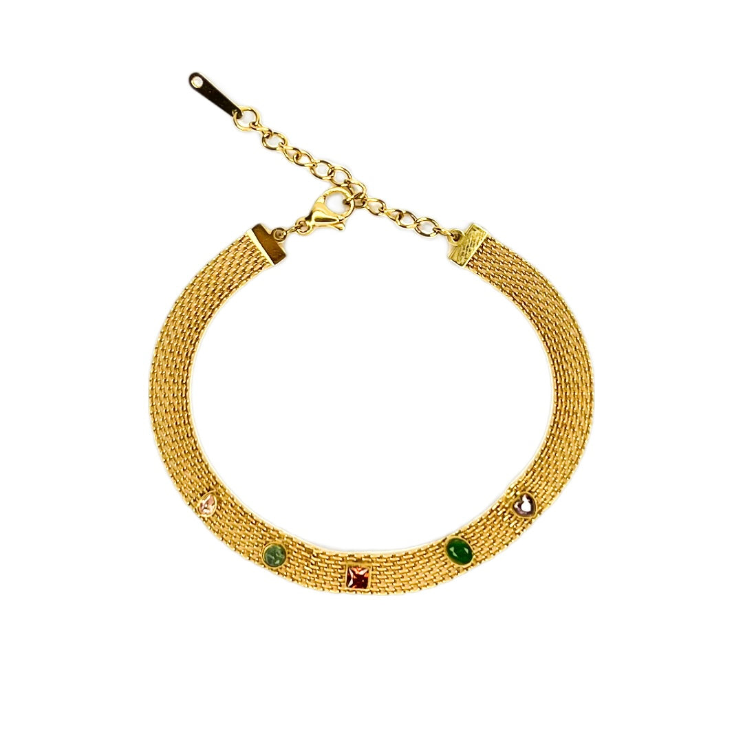 Bracelet, jewelry, colorful, colorful stones, stones, chain, chain bracelet, hypoallergenic, stainless steel, gold plated, gold