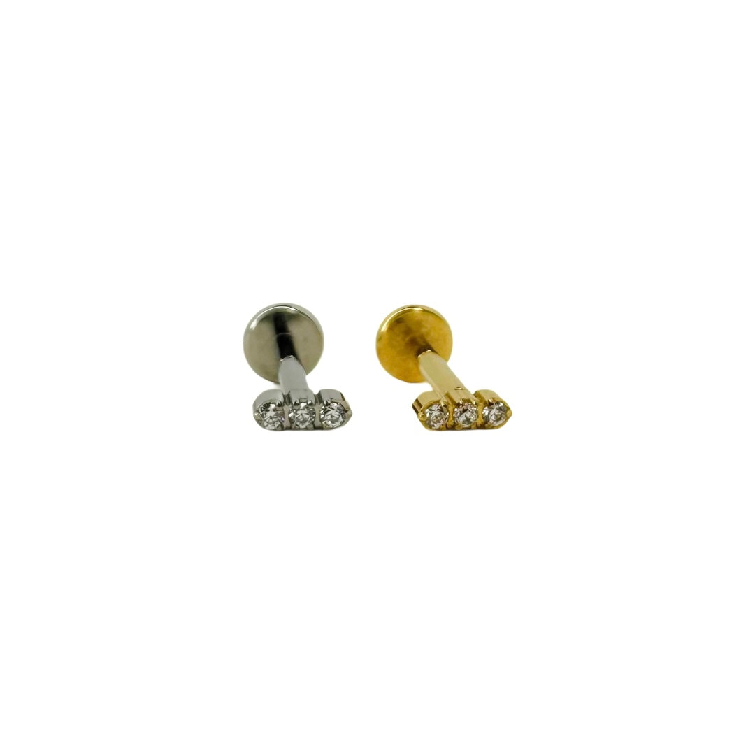 Piercing, stud, flat back, titanium, hypoallergenic, strass, stones, silver,  gold, gold plated