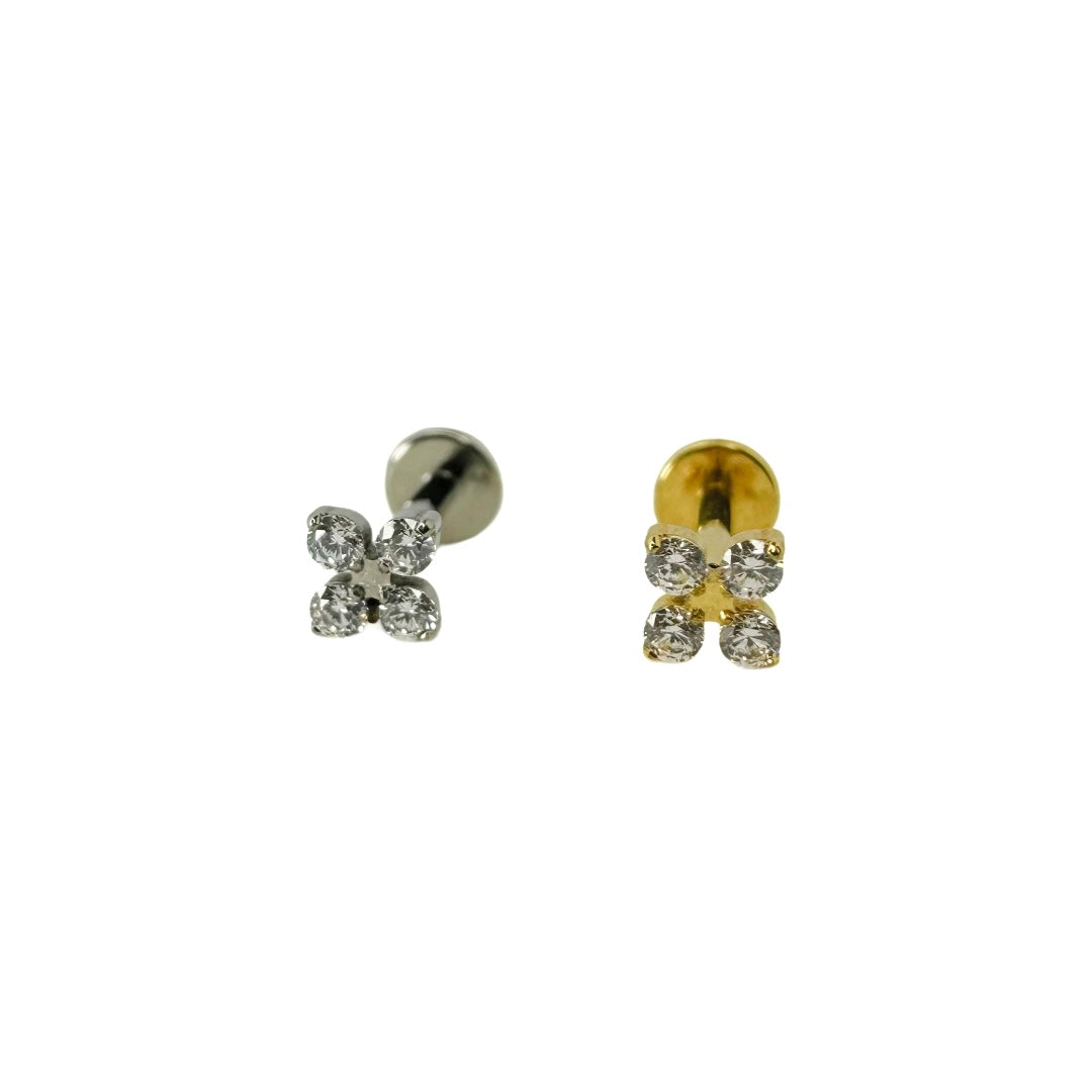 Piercing, stud, flat back, titanium, hypoallergenic, strass, stones, silver,  gold, gold plated