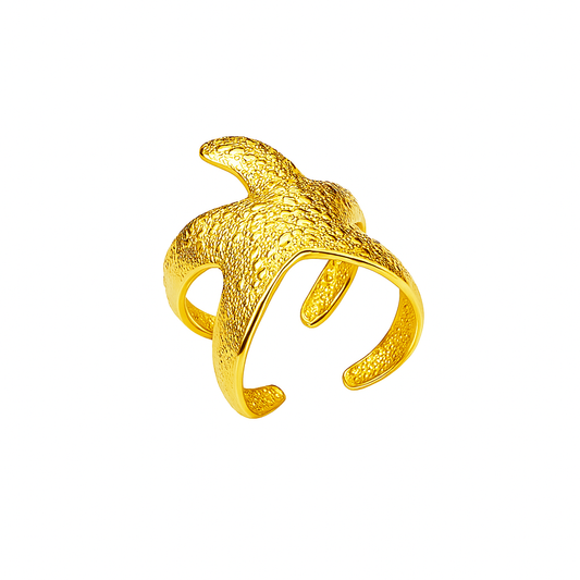 Ring, jewelry, stainless steel, gold, gold plated, hypoallergenic, starfish, opened, adjustable 