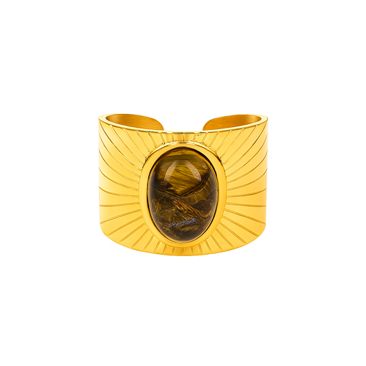 Ring, jewelry, stainless steel, gold, gold plated, hypoallergenic, tiger eye
