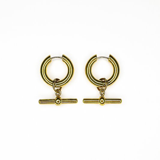 Earrings, gold, gold plated, clicker earrings, jewelry, pendant, horizontal pendant 